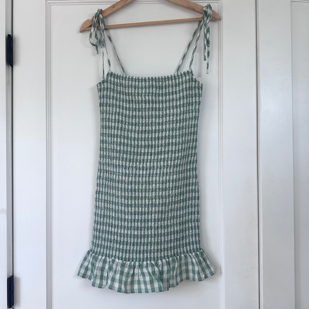 Reformation Gemini Dress Green‎ Gingham Smocked Tie Shoulder Mini Ruffle Size S